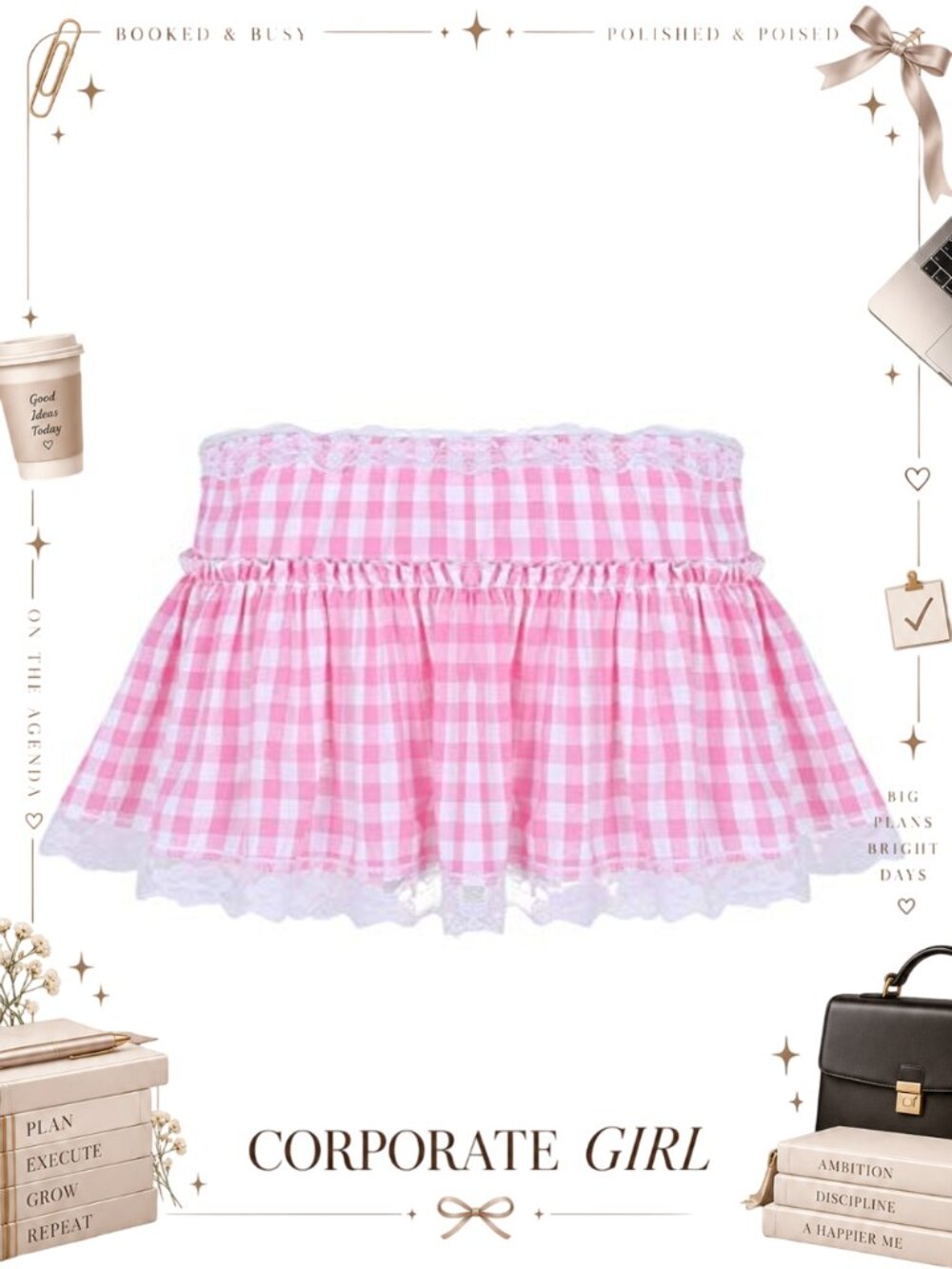 Plaid Ruffle Mini Skirt Gingham A-Line Layered Lace Trim Smocked Pleated